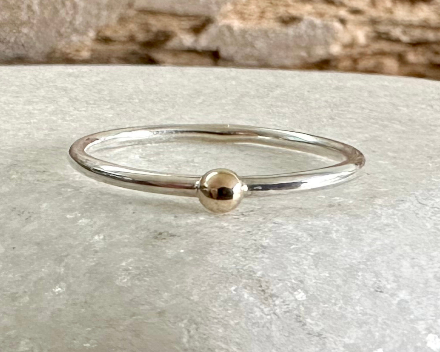 Solid Yellow Gold Dot on 1.3mm 925 Sterling Silver Ring Band, Pebble Ring, Mixed Metal Recycled Stacking Ring.