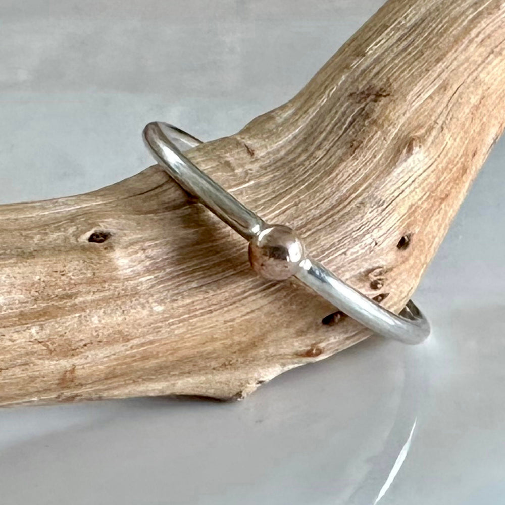 Solid Yellow Gold, Rose Gold or Silver Dot on 1.3mm 925 Sterling Silver Ring Band, Pebble Ring, Mixed Metal Recycled Stacking Ring.