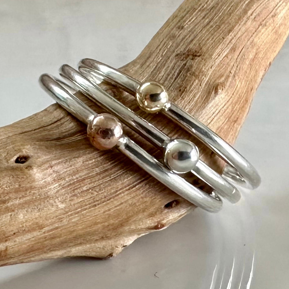 
                  
                    Solid Yellow Gold, Rose Gold or Silver Dot on 1.3mm 925 Sterling Silver Ring Band, Pebble Ring, Mixed Metal Recycled Stacking Ring.
                  
                