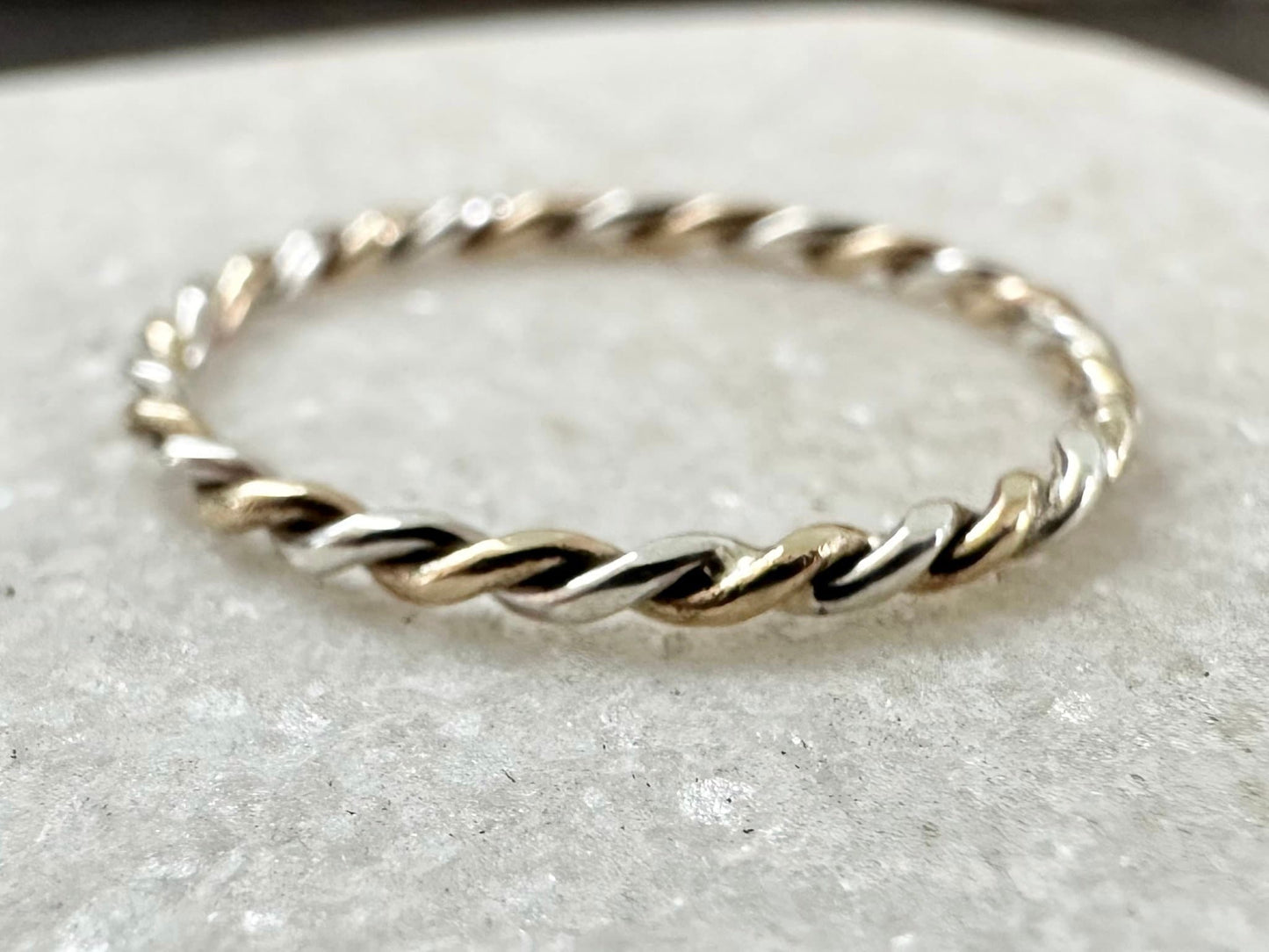 Solid 9ct Gold and Sterling Silver Ring, Mixed Metal Rope Ring, Twisted Ring, Handmade Precious Metal Stacking Ring.