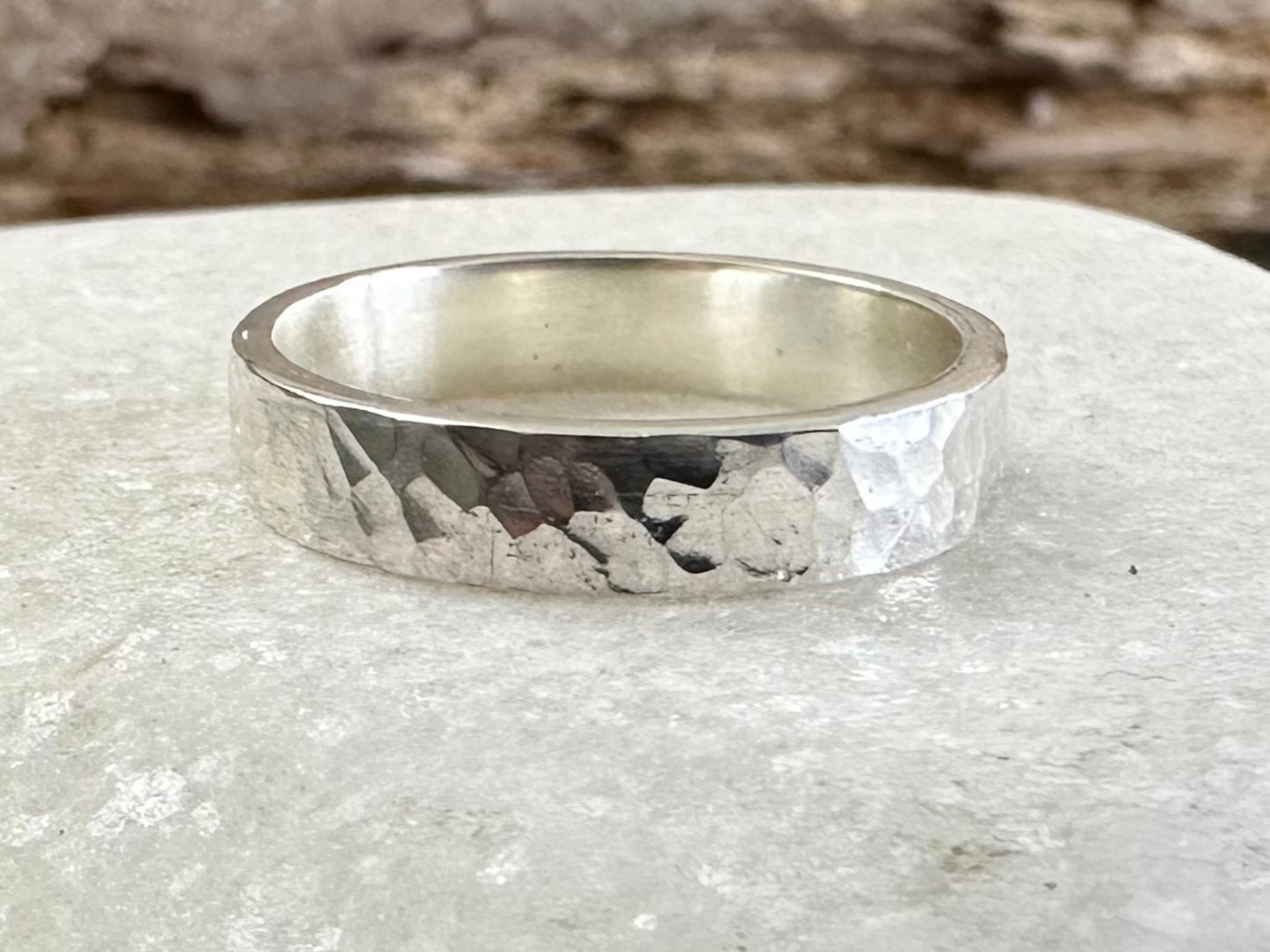 Chunky, Hammered Pattern, 4mm flat Ring Band, Textured 925 Sterling Silver Ring, Wedding Ring Band, Minimalist Ring, Thumb Ring