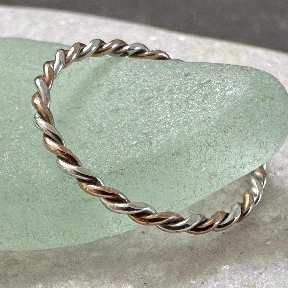 Solid 9ct Rose Gold and Sterling Silver Ring, Mixed Metal Rope Ring, Twisted Ring, Handmade Precious Metal Stacking Ring, Red Gold.