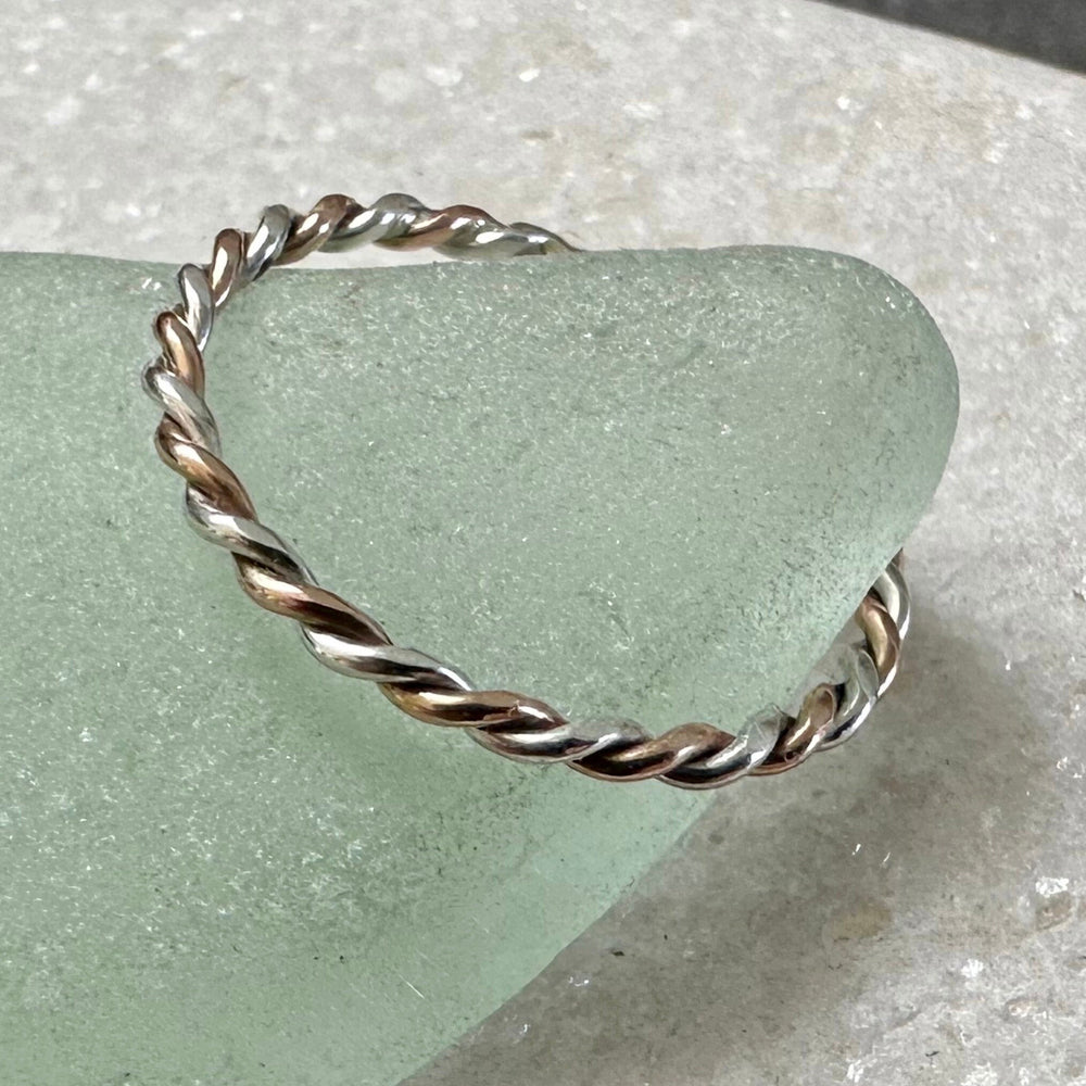 
                  
                    Solid 9ct Rose Gold and Sterling Silver Ring, Mixed Metal Rope Ring, Twisted Ring, Handmade Precious Metal Stacking Ring, Red Gold.
                  
                