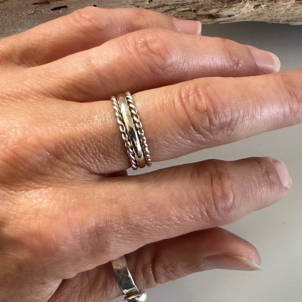 
                  
                    Solid 9ct Rose Gold and Sterling Silver Ring, Mixed Metal Rope Ring, Twisted Ring, Handmade Precious Metal Stacking Ring, Red Gold.
                  
                