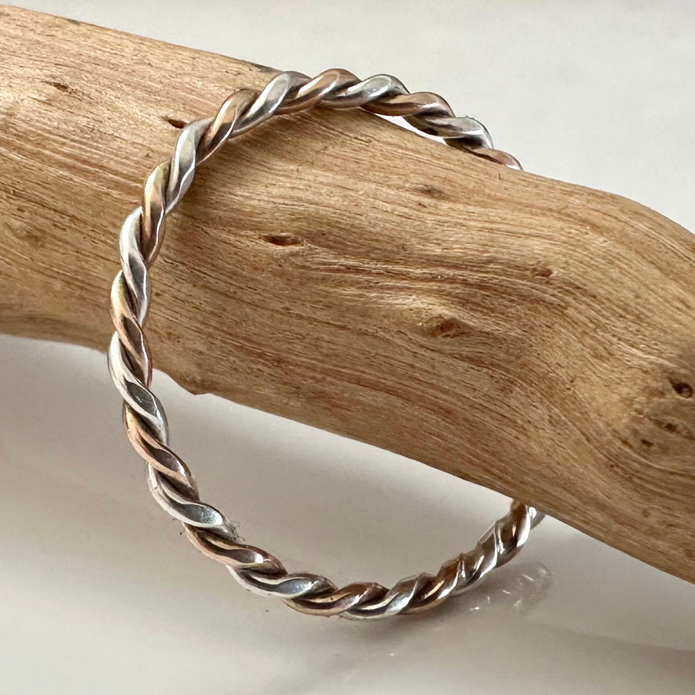 
                  
                    Solid 9ct Rose Gold and Sterling Silver Ring, Mixed Metal Rope Ring, Twisted Ring, Handmade Precious Metal Stacking Ring, Red Gold.
                  
                