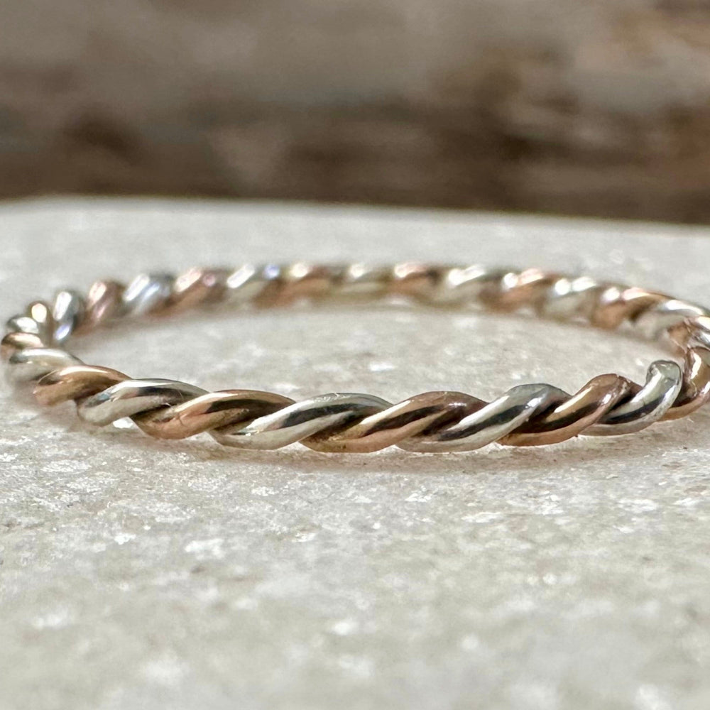 Solid 9ct Rose Gold and Sterling Silver Ring, Mixed Metal Rope Ring, Twisted Ring, Handmade Precious Metal Stacking Ring, Red Gold.