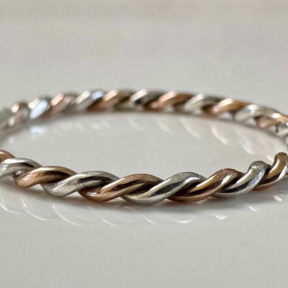 
                  
                    Solid 9ct Rose Gold and Sterling Silver Ring, Mixed Metal Rope Ring, Twisted Ring, Handmade Precious Metal Stacking Ring, Red Gold.
                  
                
