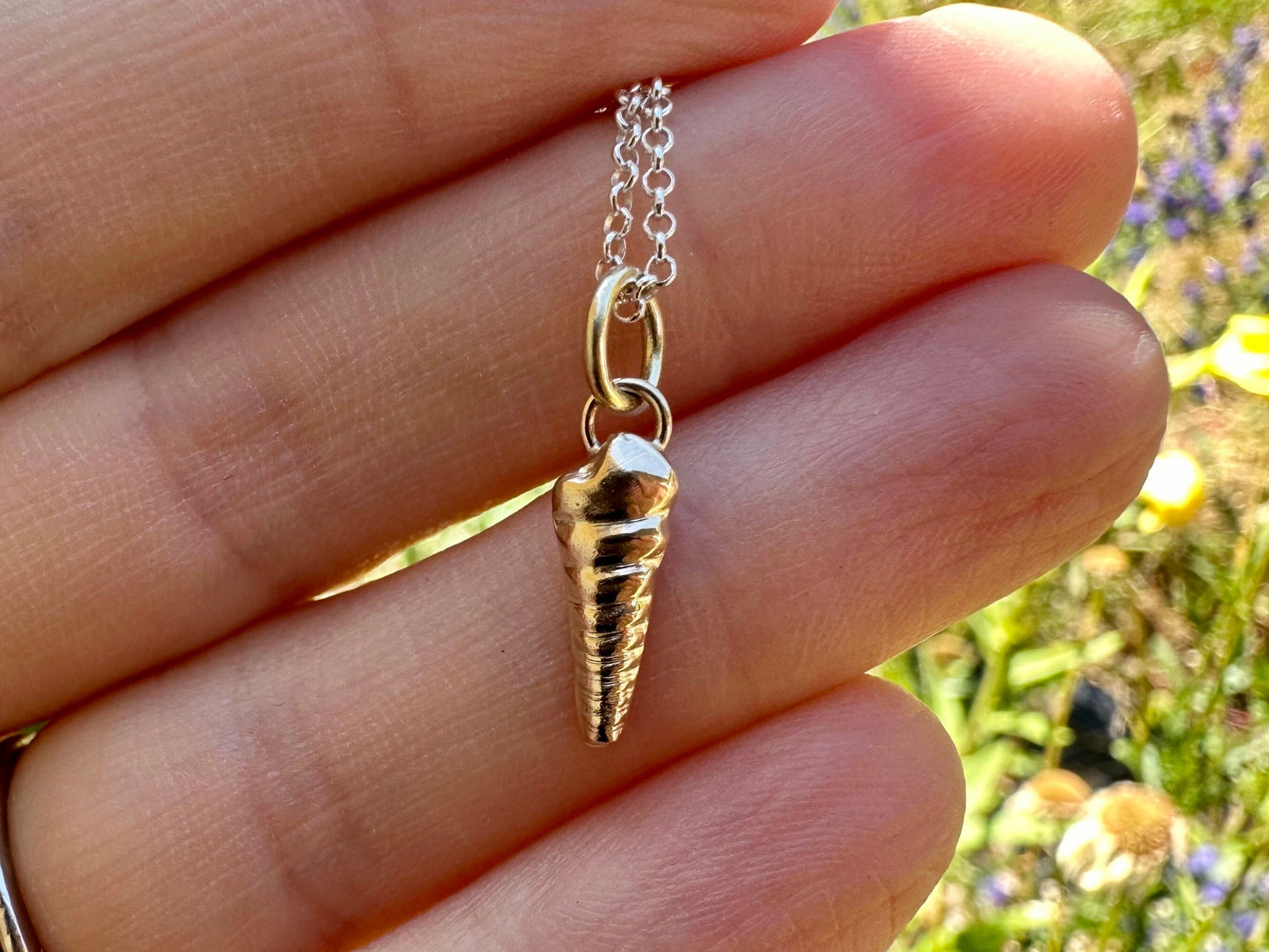 Solid 9ct gold Turritella Seashell pendant charm necklace, handmade from recycled 9ct gold, made to order