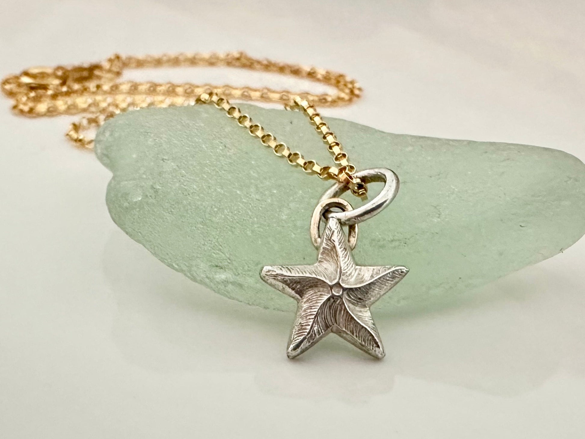 Sterling Silver Starfish pendant charm necklace with 9ct Gold bail, handmade from recycled 925 Sterling Silver, made to order