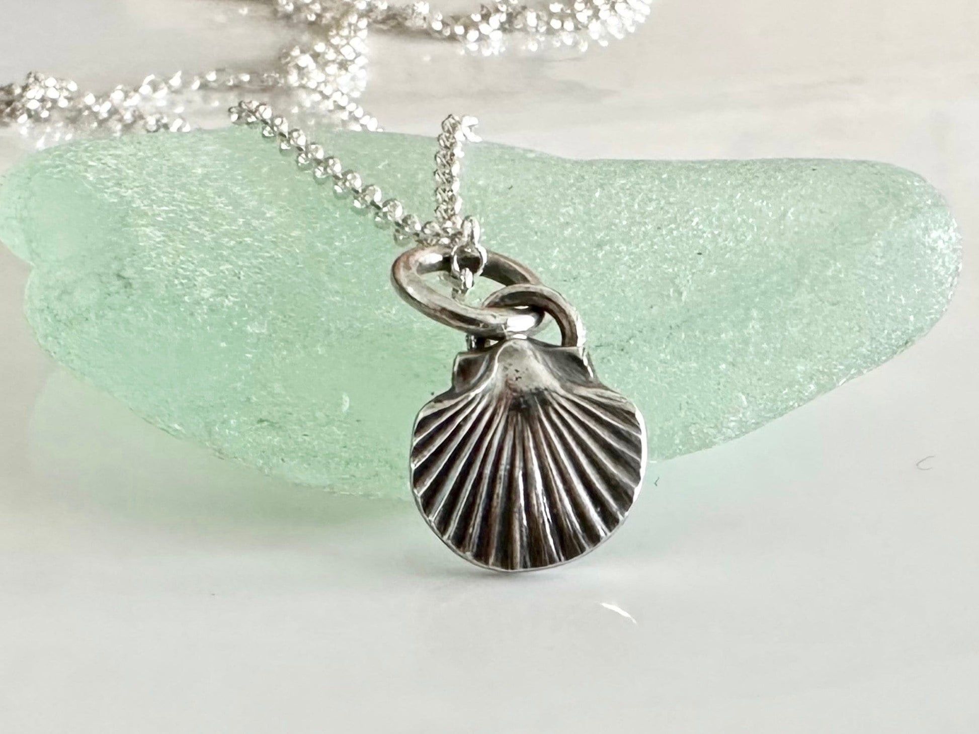 Rustic Sterling Silver Scallop Seashell pendant charm necklace, handmade from recycled 925 Sterling Silver, made to order