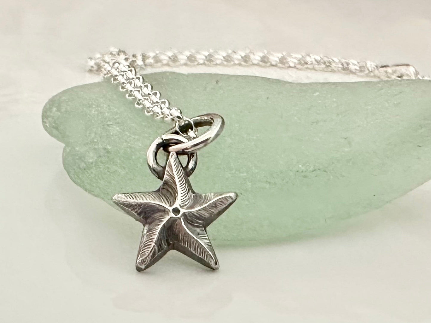 Rustic Sterling Silver Starfish pendant charm necklace, handmade from recycled 925 Sterling Silver, made to order