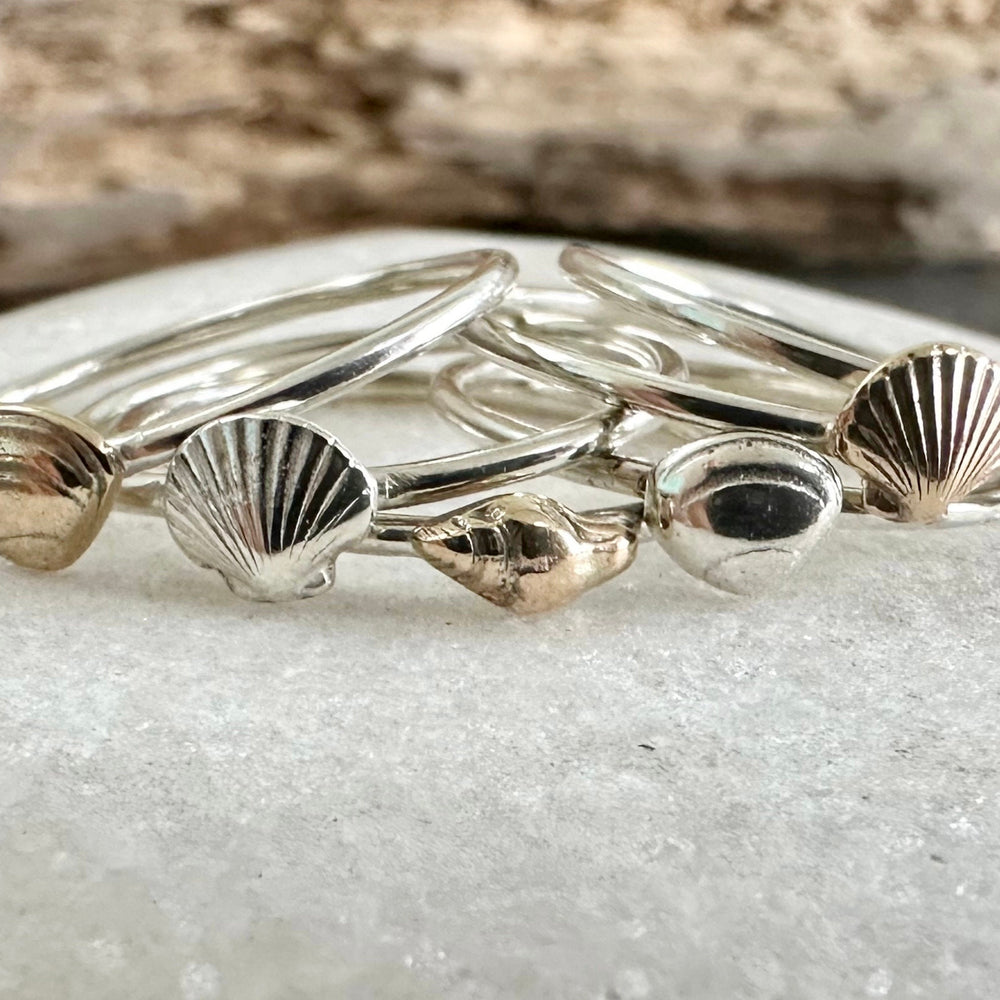 
                  
                    Scallop Shell Stacking Ring, Solid 9ct Gold or Sterling Silver Shell on a 1.2mm 925 Sterling Silver Ring Band, Seashell Ring
                  
                