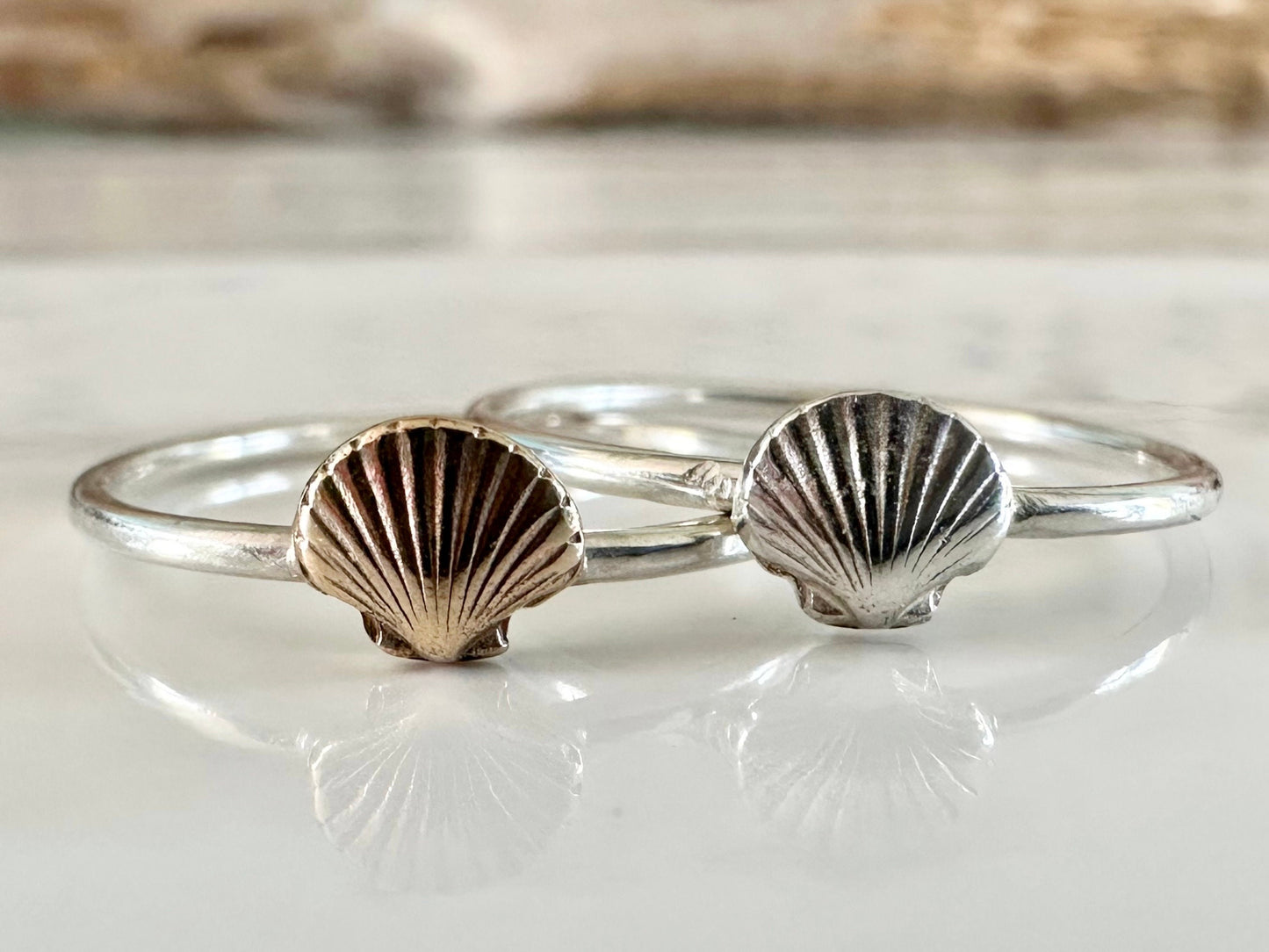 Scallop Shell Stacking Ring, Solid 9ct Gold or Sterling Silver Shell on a 1.2mm 925 Sterling Silver Ring Band, Seashell Ring