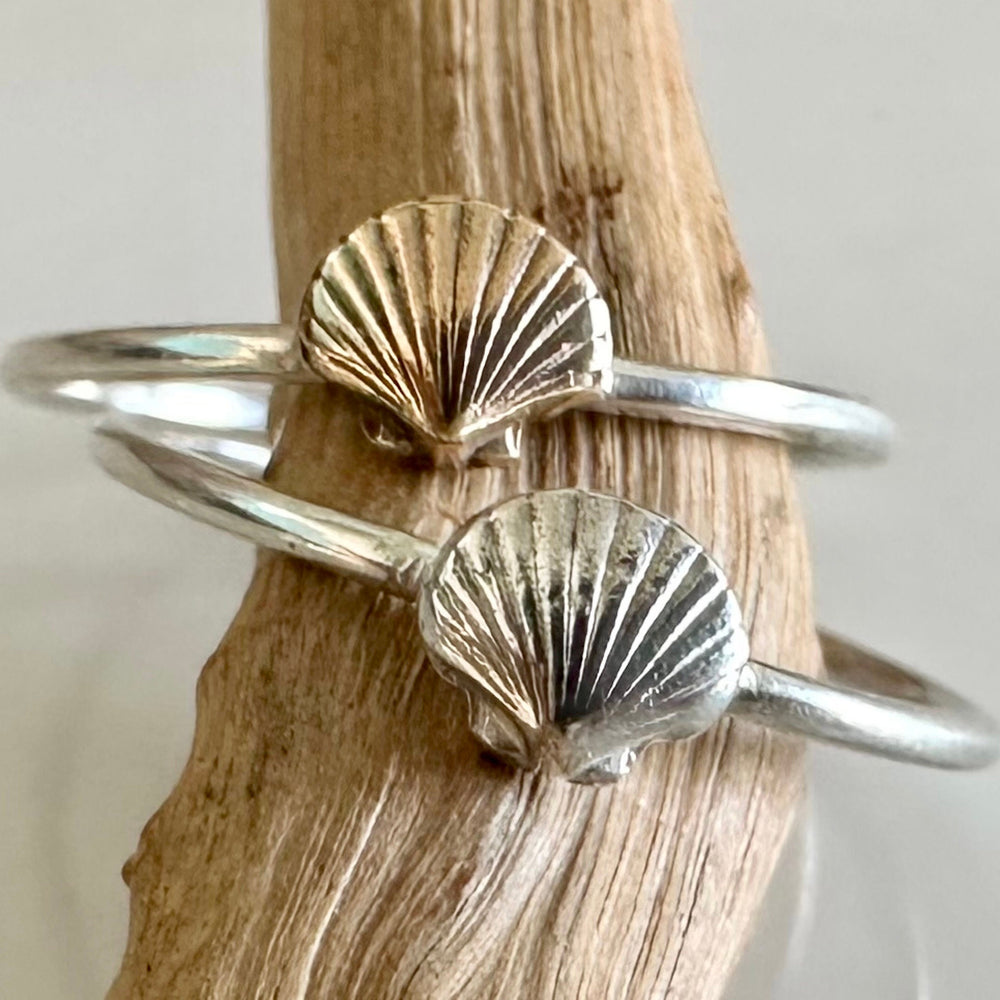 
                  
                    Scallop Shell Stacking Ring, Solid 9ct Gold or Sterling Silver Shell on a 1.2mm 925 Sterling Silver Ring Band, Seashell Ring
                  
                