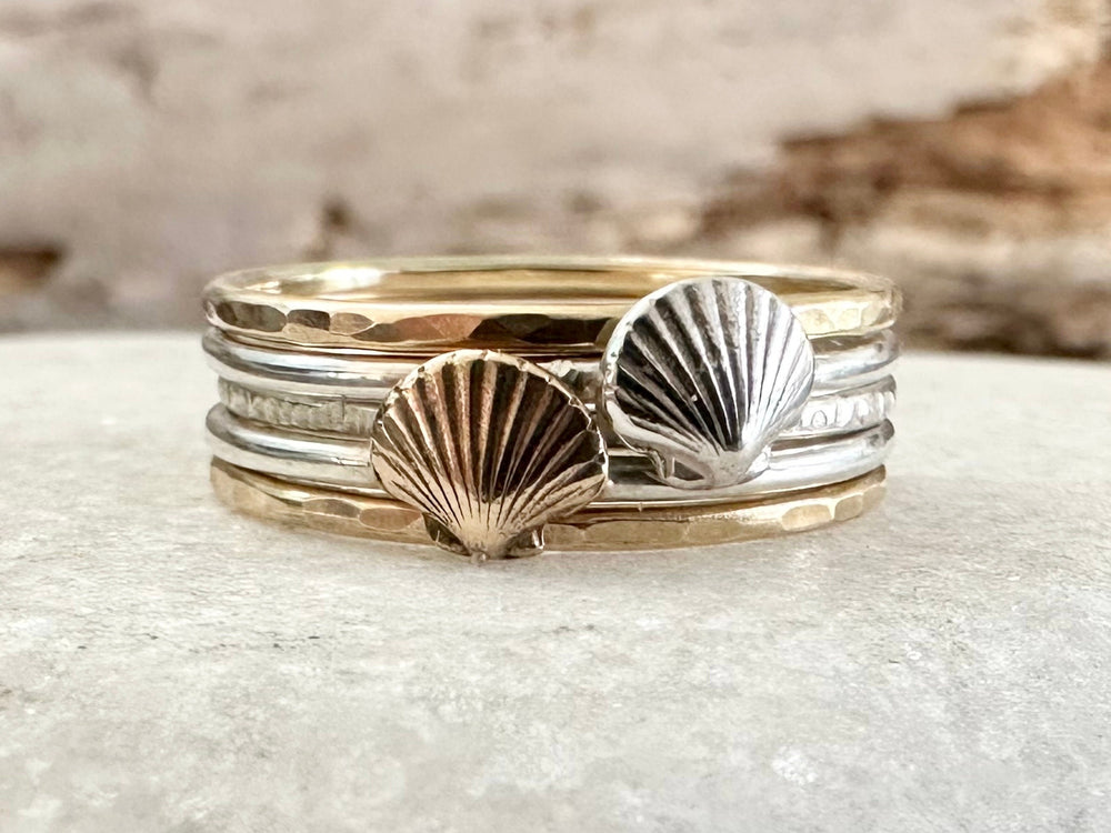 Scallop Shell Stacking Ring, Solid 9ct Gold or Sterling Silver Shell on a 1.2mm 925 Sterling Silver Ring Band, Seashell Ring