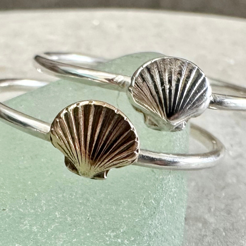 
                  
                    Scallop Shell Stacking Ring, Solid 9ct Gold or Sterling Silver Shell on a 1.2mm 925 Sterling Silver Ring Band, Seashell Ring
                  
                