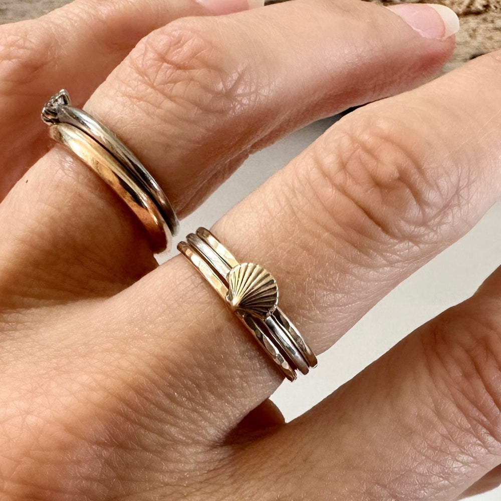 
                  
                    Scallop Shell Stacking Ring, Solid 9ct Gold or Sterling Silver Shell on a 1.2mm 925 Sterling Silver Ring Band, Seashell Ring
                  
                