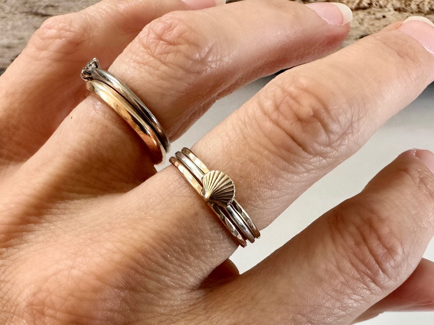 Scallop Shell Stacking Ring, Solid 9ct Gold or Sterling Silver Shell on a 1.2mm 925 Sterling Silver Ring Band, Seashell Ring