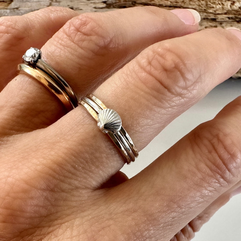 
                  
                    Scallop Shell Stacking Ring, Solid 9ct Gold or Sterling Silver Shell on a 1.2mm 925 Sterling Silver Ring Band, Seashell Ring
                  
                