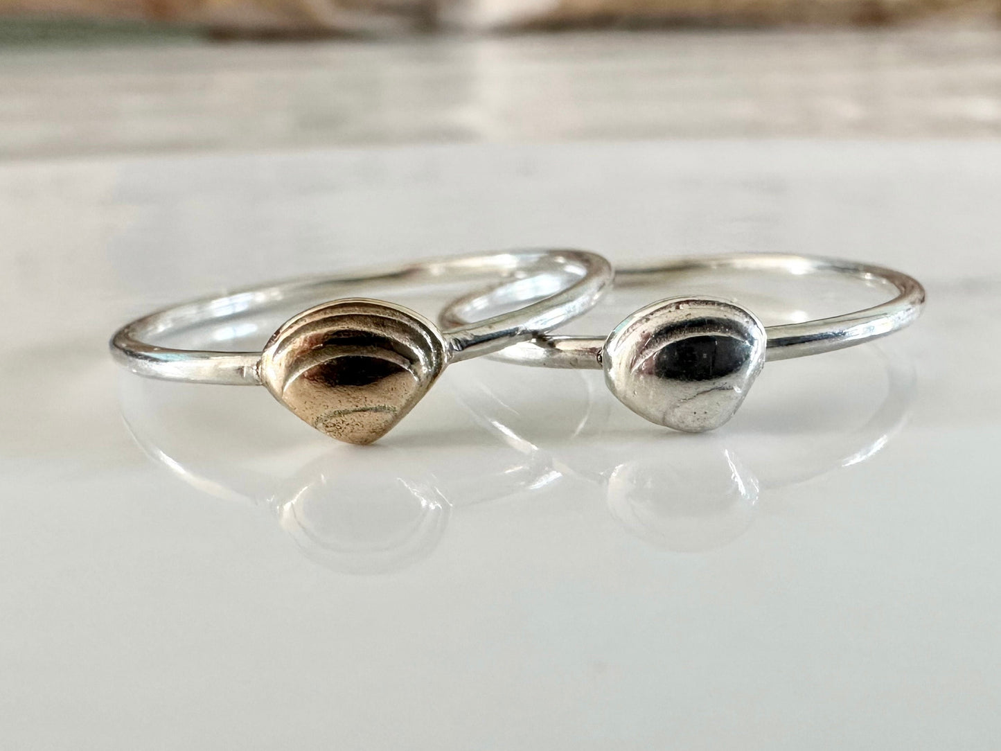 Clam Shell Stacking Ring, Solid 9ct Gold or Sterling Silver Shell on a 1.2mm 925 Sterling Silver Ring Band, Seashell Ring
