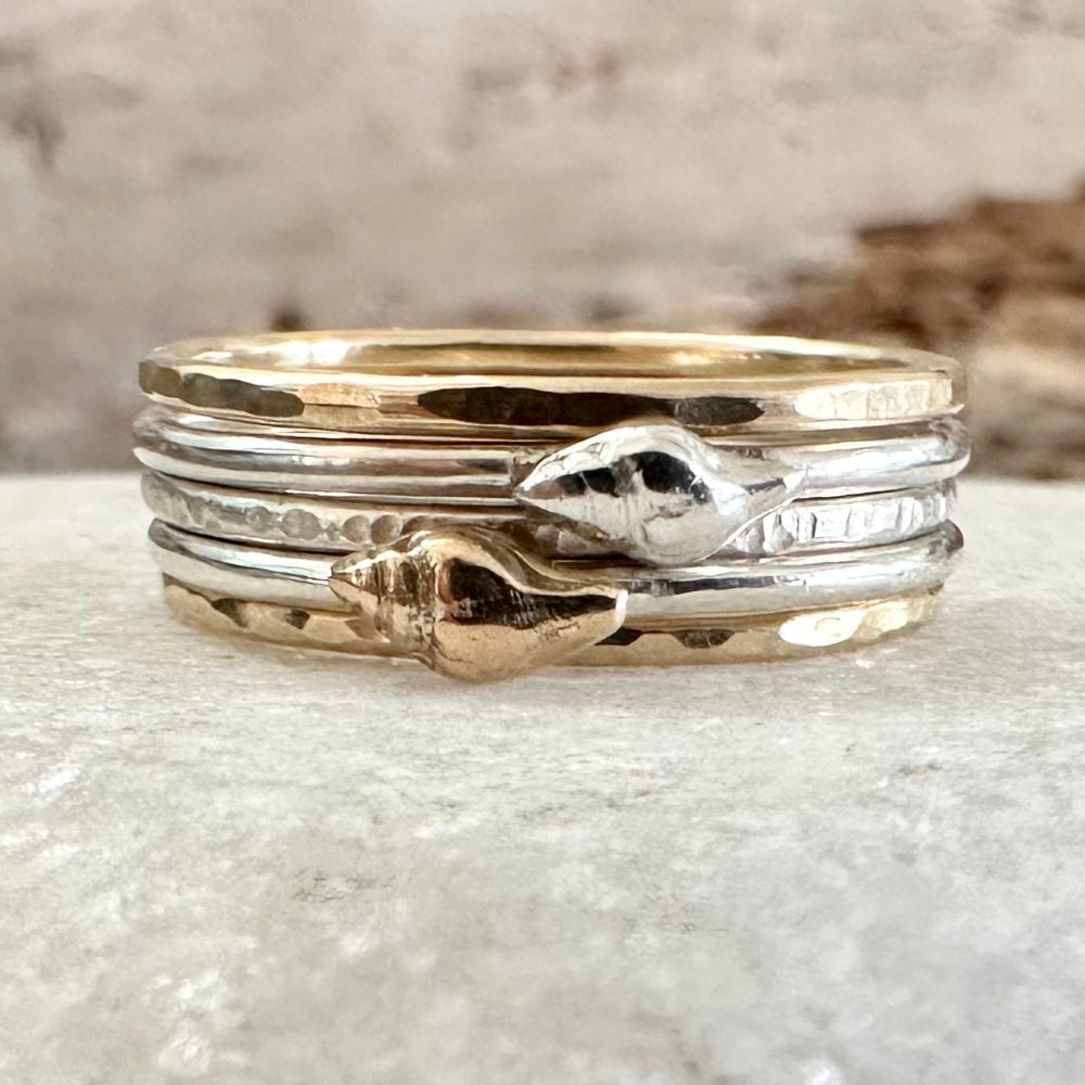 
                  
                    Whelk Shell Stacking Ring, Solid 9ct Gold or Sterling Silver Shell on a 1.2mm 925 Sterling Silver Ring Band, Seashell Ring
                  
                