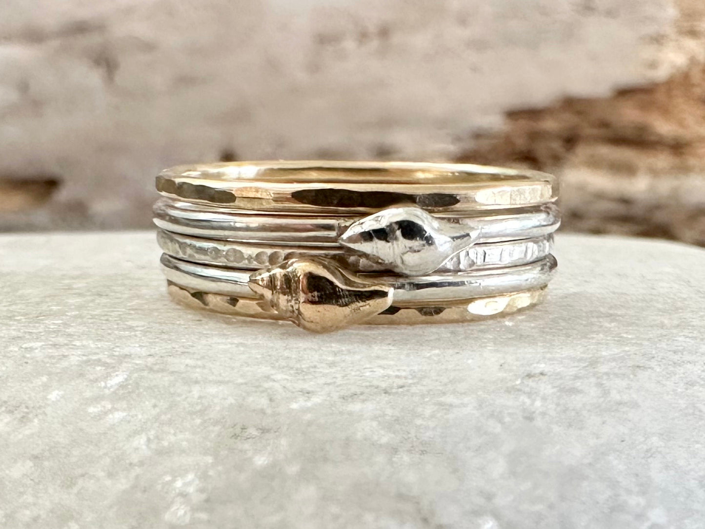 Whelk Shell Stacking Ring, Solid 9ct Gold or Sterling Silver Shell on a 1.2mm 925 Sterling Silver Ring Band, Seashell Ring