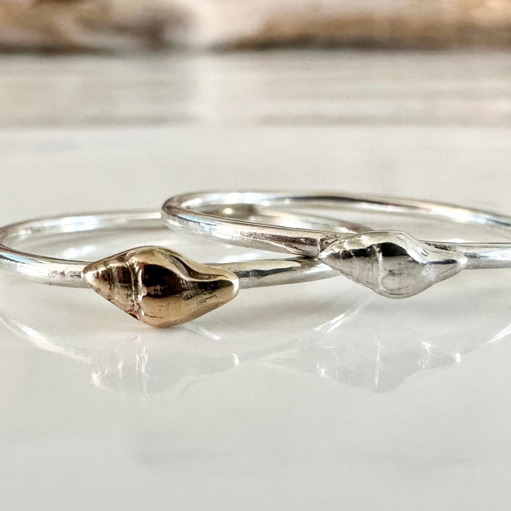 
                  
                    Whelk Shell Stacking Ring, Solid 9ct Gold or Sterling Silver Shell on a 1.2mm 925 Sterling Silver Ring Band, Seashell Ring
                  
                