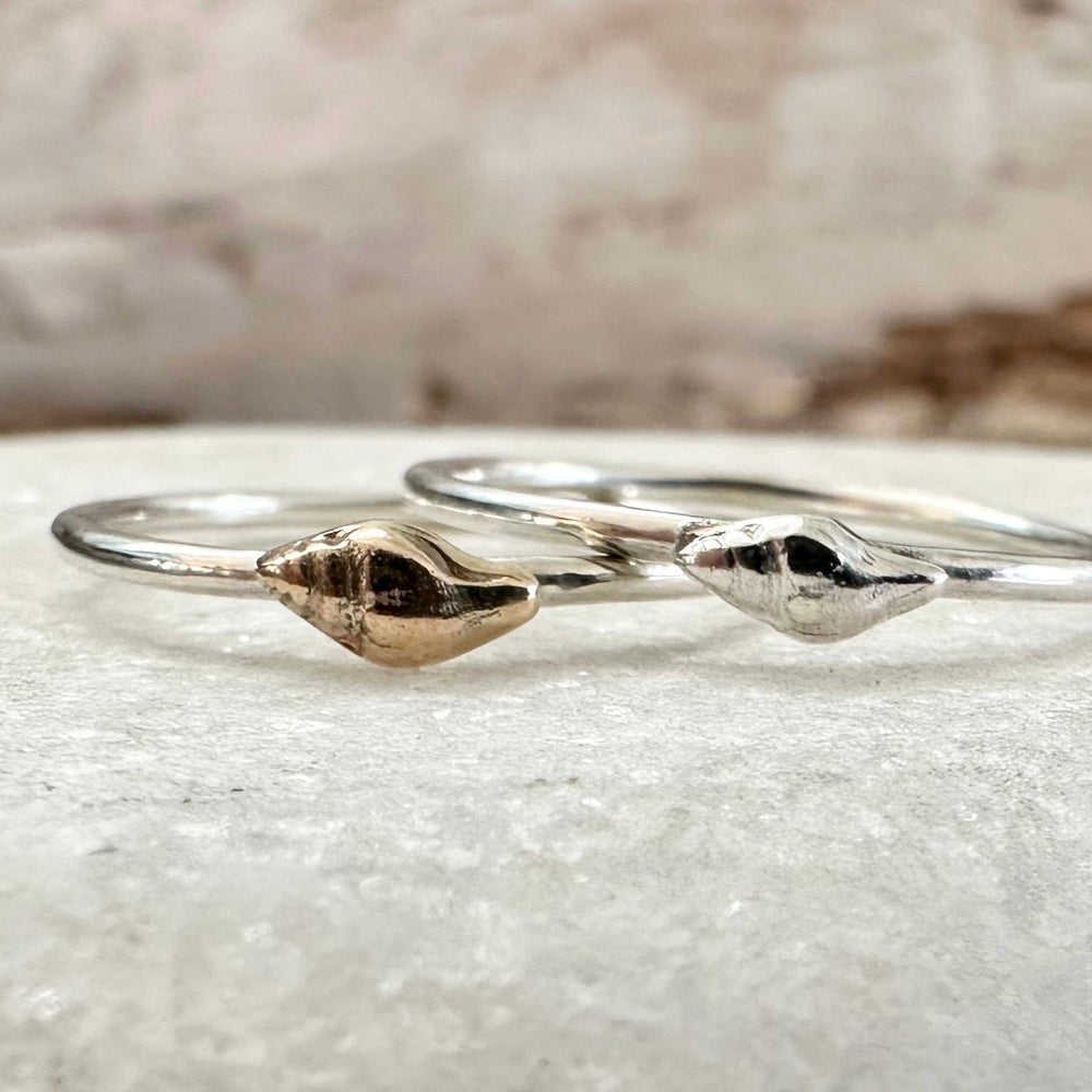 
                  
                    Whelk Shell Stacking Ring, Solid 9ct Gold or Sterling Silver Shell on a 1.2mm 925 Sterling Silver Ring Band, Seashell Ring
                  
                