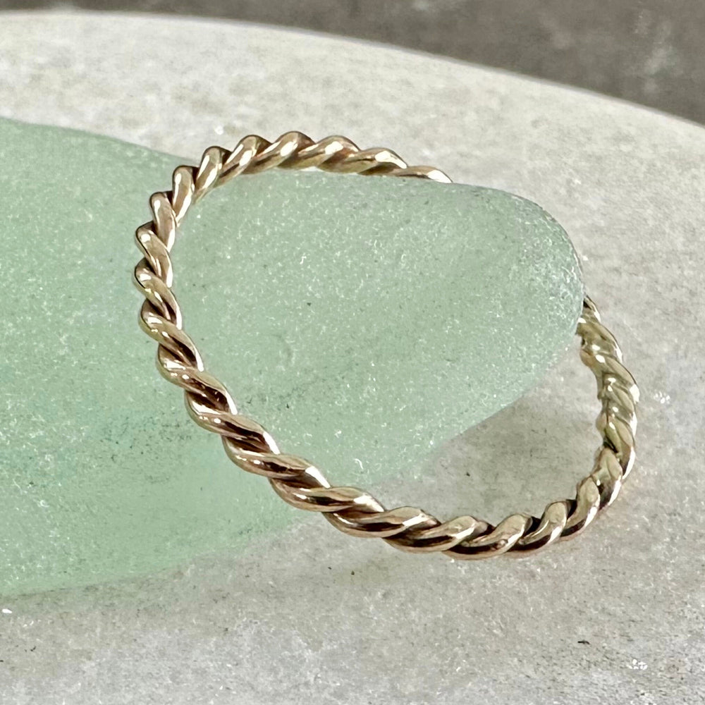 Solid 9ct Yellow Gold Hand Twisted Rope Ring, Handmade Precious Metal Stacking Ring.