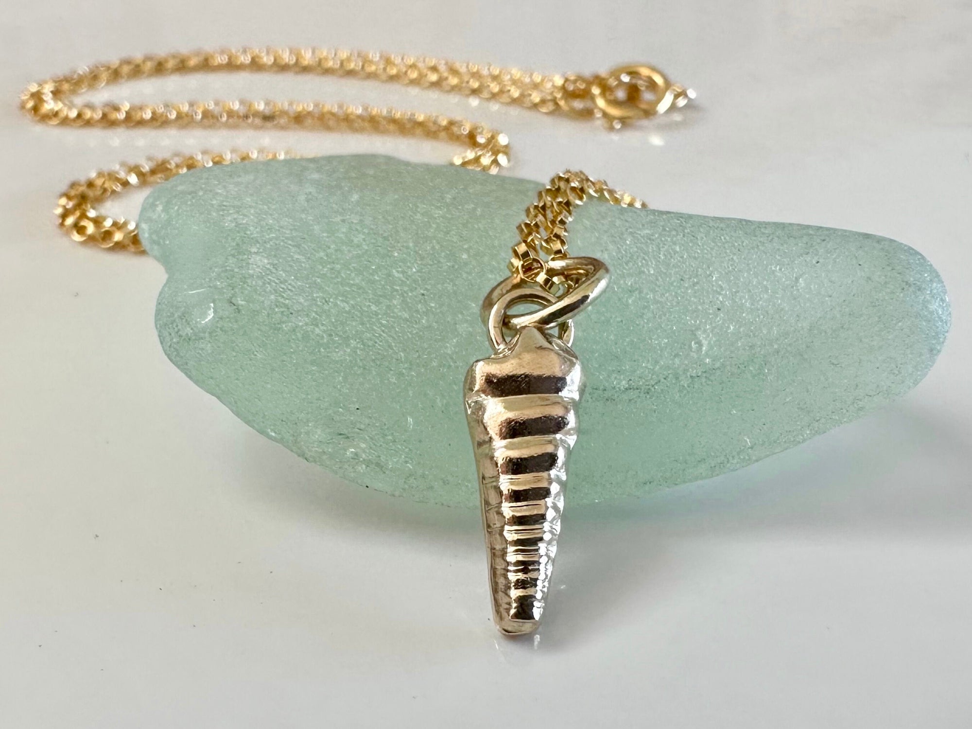 Solid 9ct gold Turritella Seashell pendant charm necklace, handmade from recycled 9ct gold, made to order