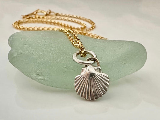 Sterling Silver Scallop Seashell pendant charm necklace with 9ct Gold bail, handmade from recycled 925 Sterling Silver, made to order