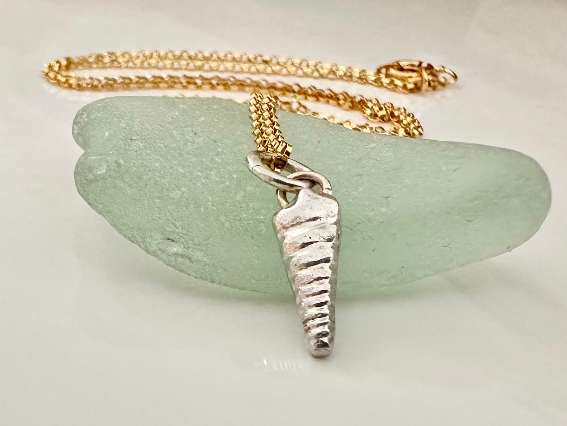 Sterling Silver Turritella Seashell pendant charm necklace with 9ct Gold bail, handmade from recycled 925 Sterling Silver, made to order