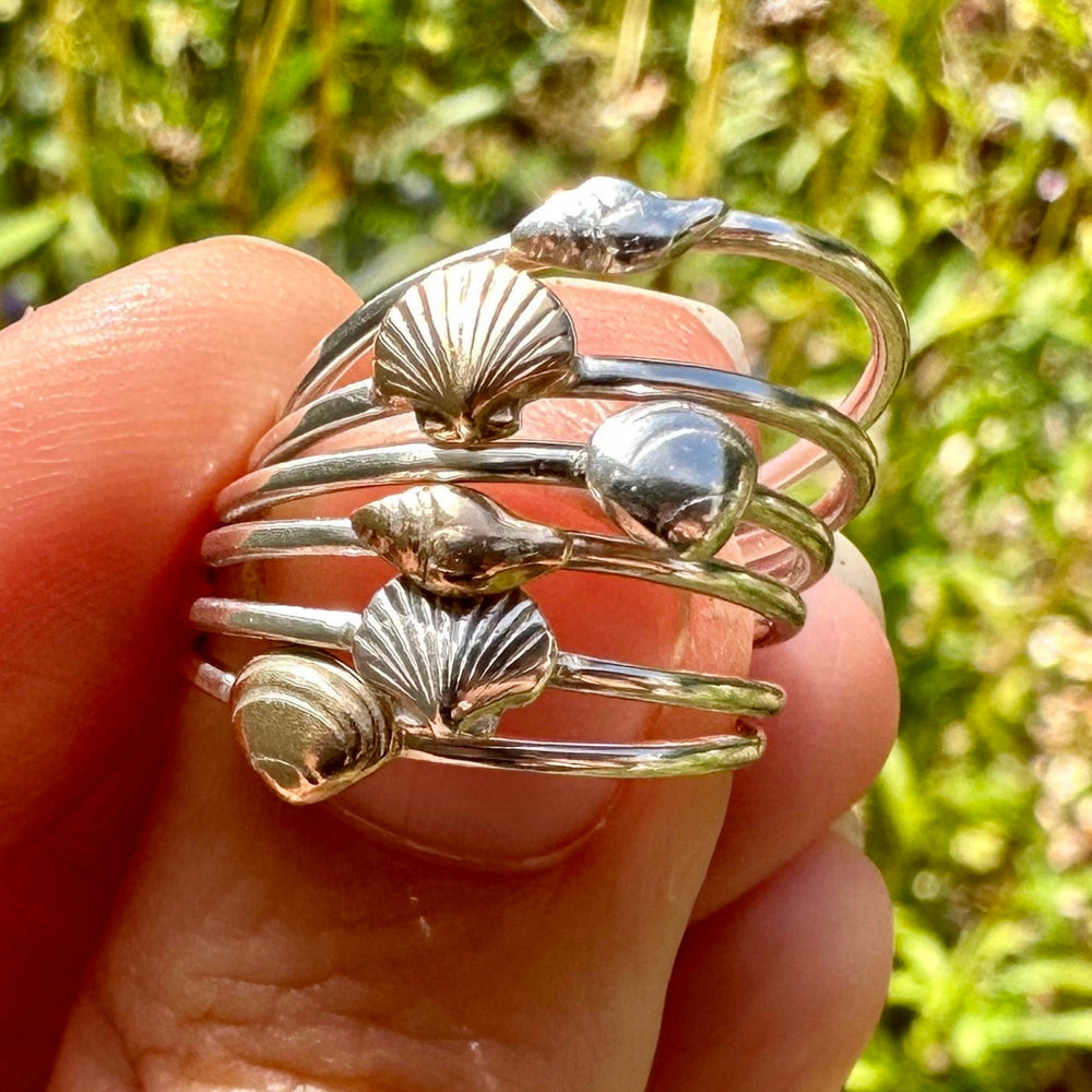 
                  
                    Scallop Shell Stacking Ring, Solid 9ct Gold or Sterling Silver Shell on a 1.2mm 925 Sterling Silver Ring Band, Seashell Ring
                  
                