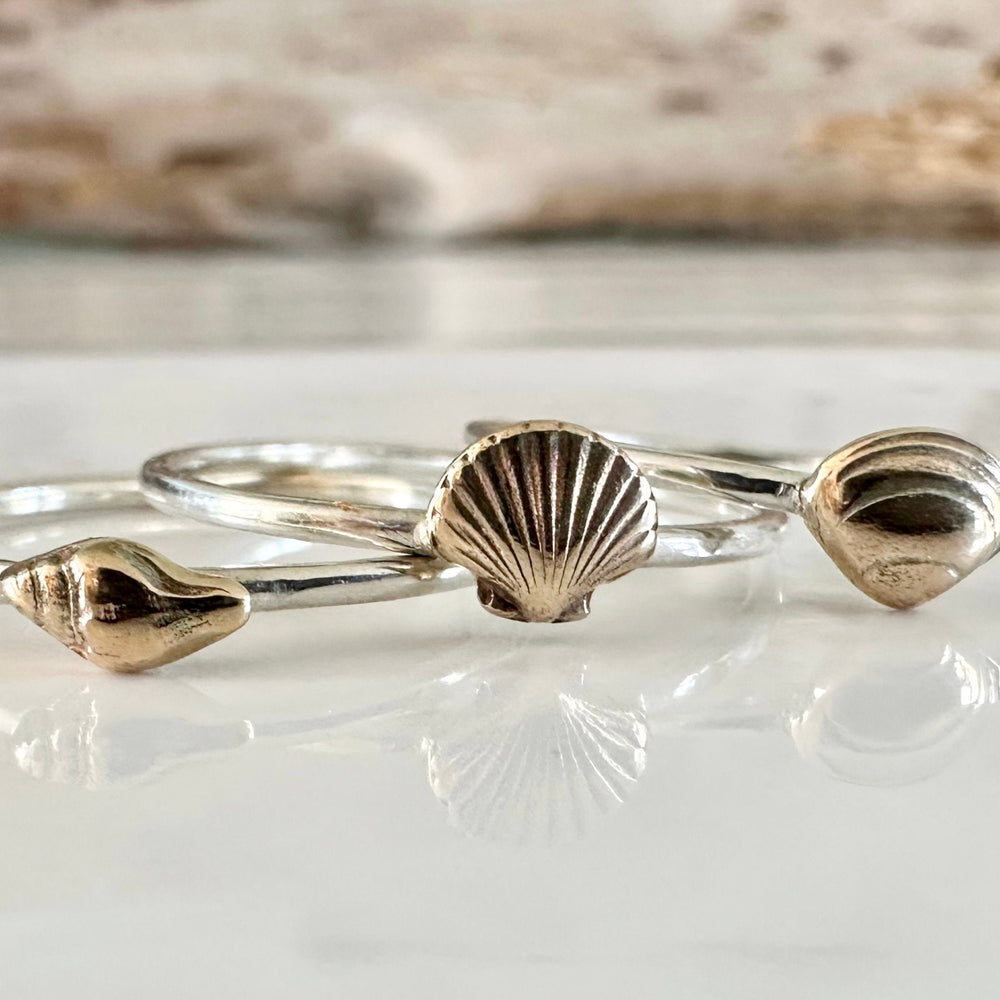 
                  
                    Scallop Shell Stacking Ring, Solid 9ct Gold or Sterling Silver Shell on a 1.2mm 925 Sterling Silver Ring Band, Seashell Ring
                  
                