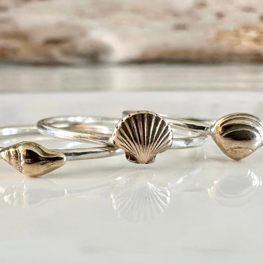 
                  
                    Clam Shell Stacking Ring, Solid 9ct Gold or Sterling Silver Shell on a 1.2mm 925 Sterling Silver Ring Band, Seashell Ring
                  
                