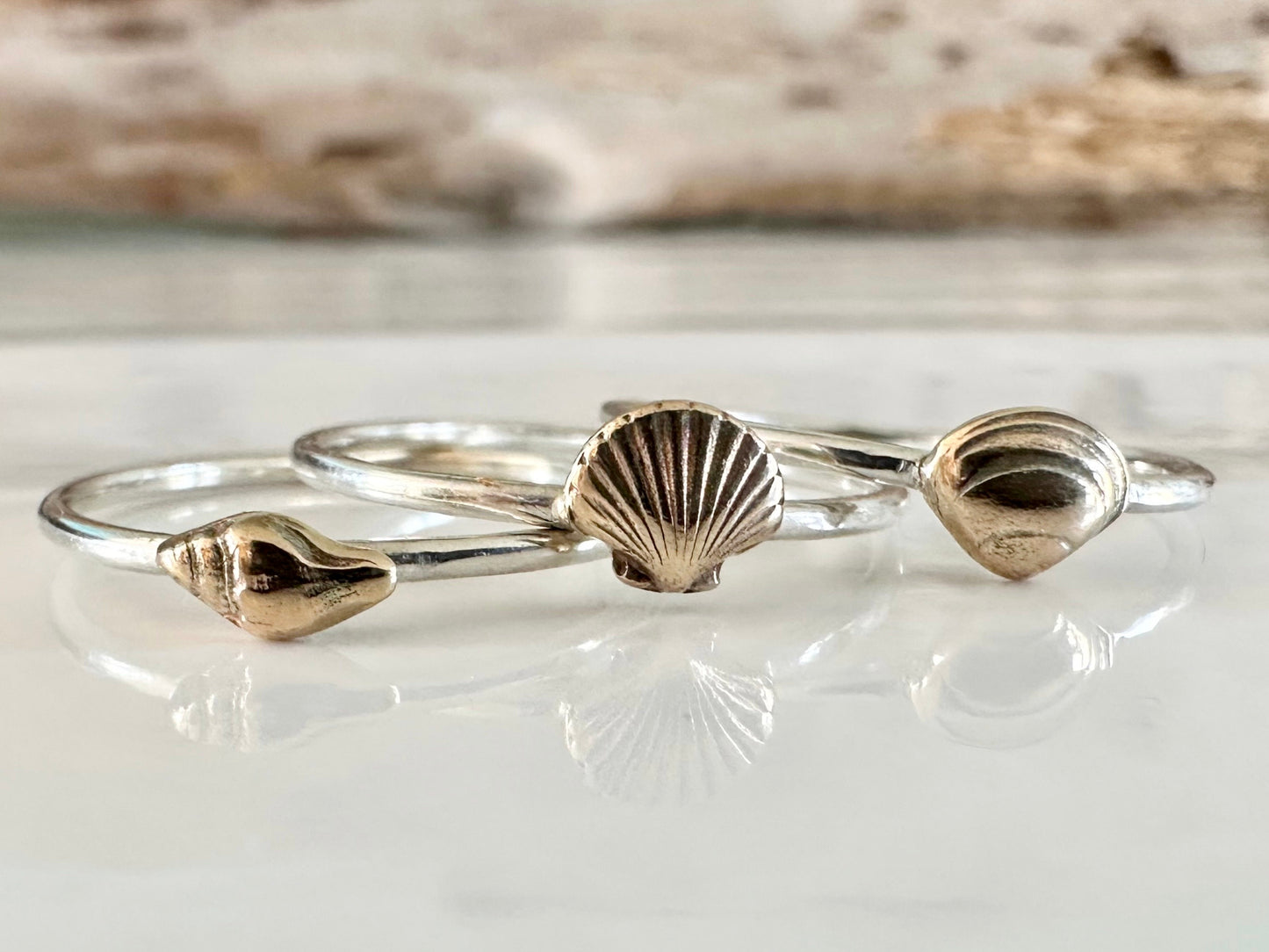 Clam Shell Stacking Ring, Solid 9ct Gold or Sterling Silver Shell on a 1.2mm 925 Sterling Silver Ring Band, Seashell Ring