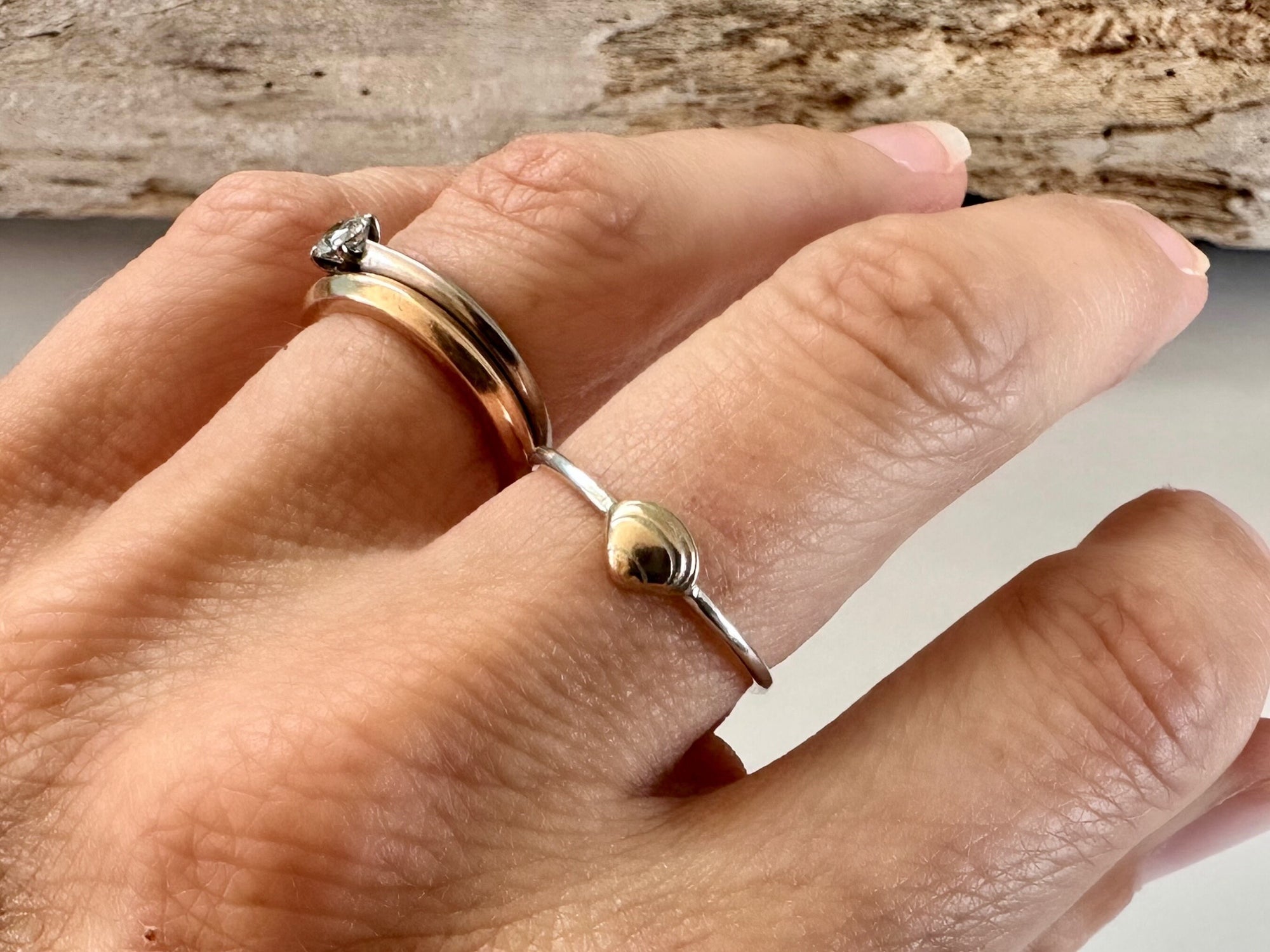 Clam Shell Stacking Ring, Solid 9ct Gold or Sterling Silver Shell on a 1.2mm 925 Sterling Silver Ring Band, Seashell Ring