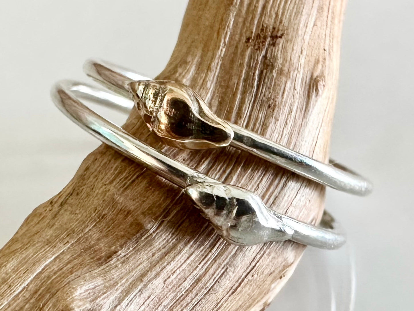 Whelk Shell Stacking Ring, Solid 9ct Gold or Sterling Silver Shell on a 1.2mm 925 Sterling Silver Ring Band, Seashell Ring