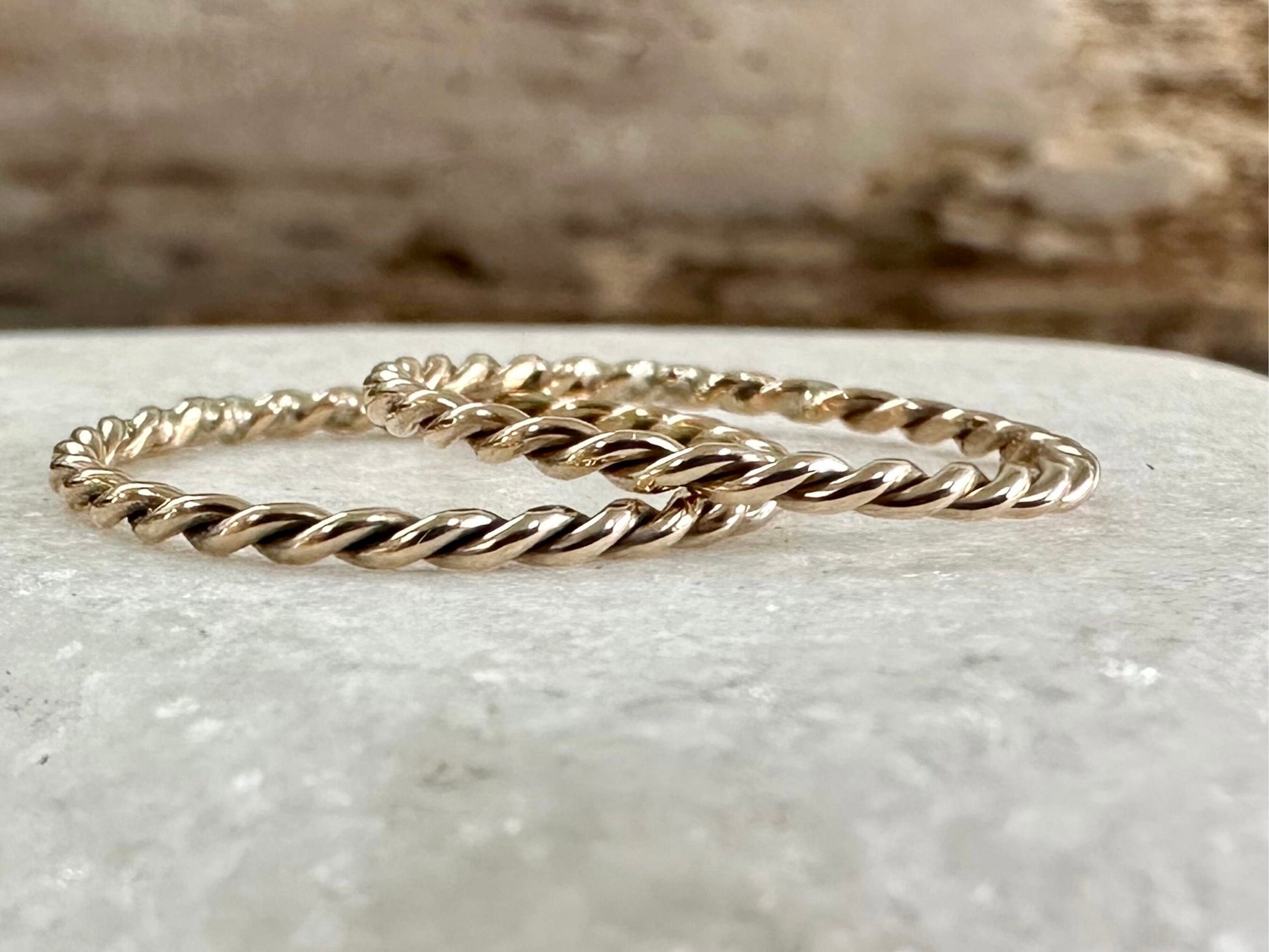 Solid 9ct Yellow Gold Hand Twisted Rope Ring, Handmade Precious Metal Stacking Ring.