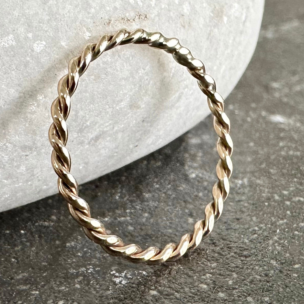 Solid 9ct Yellow Gold Hand Twisted Rope Ring, Handmade Precious Metal Stacking Ring.